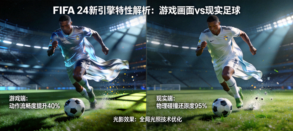 FIFA 24新游戏引擎特性解析文章配图 - 游戏画面与现实足球场景对比